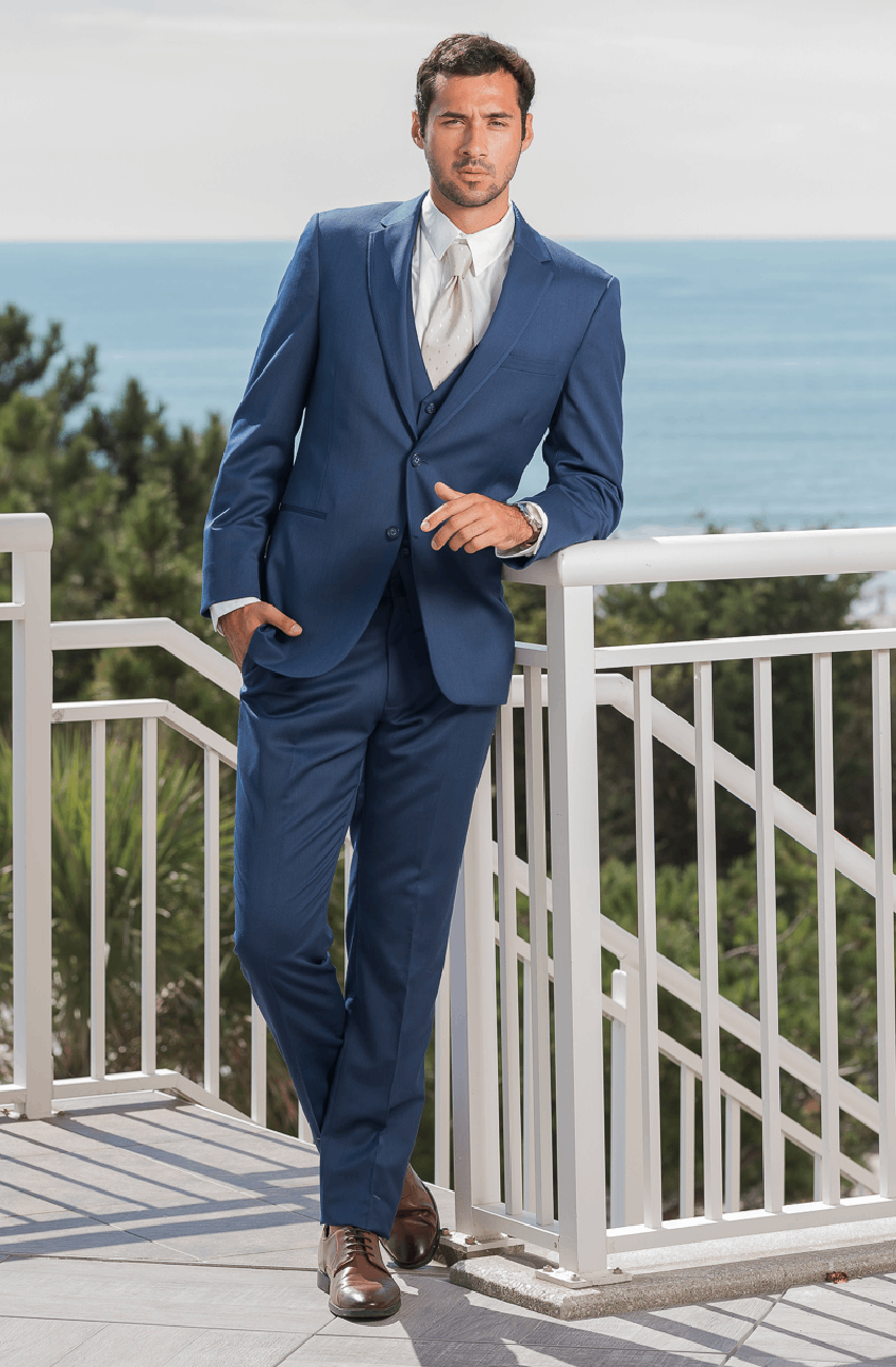 Model wearing a gray tuxedo